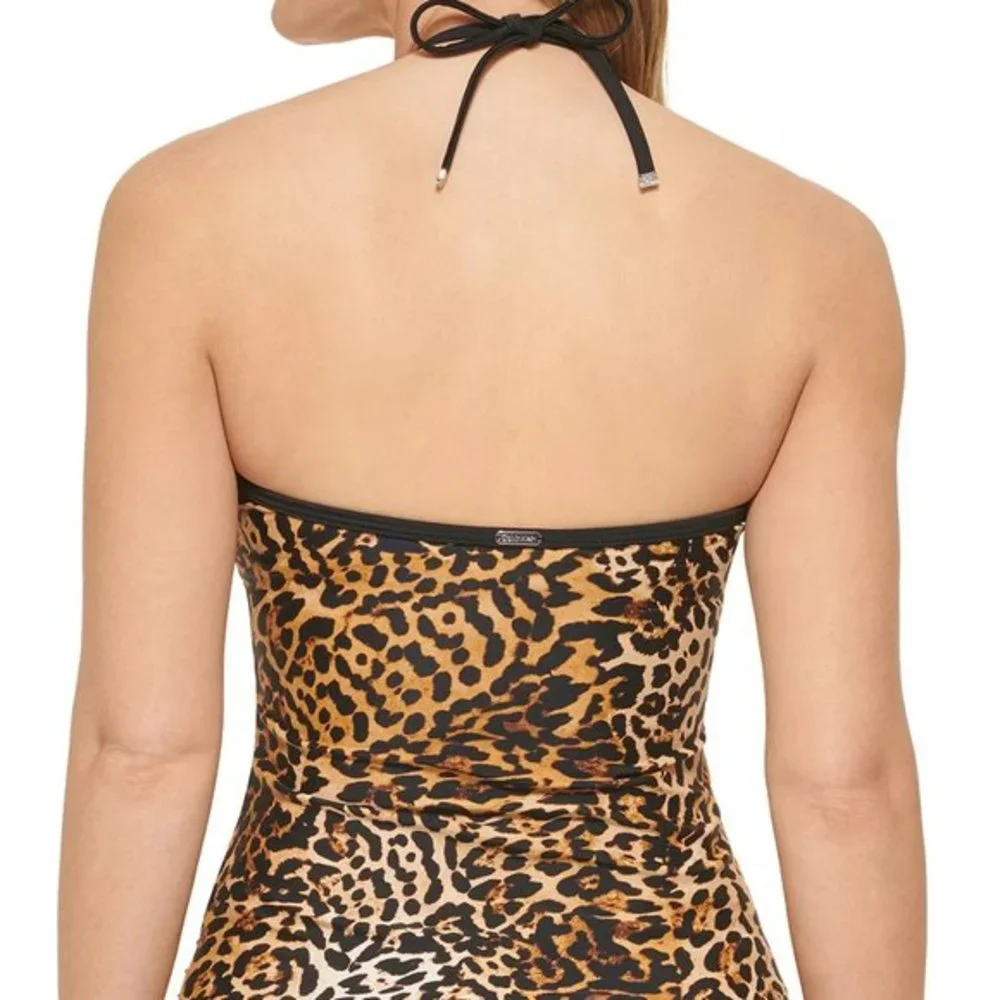 Calvin Klein Animal Print V-Wire‎ Bandeau Halter Tankini Swim Top Jaguar M